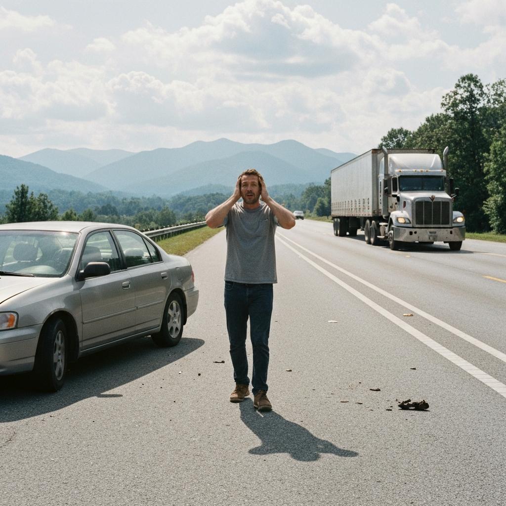 How To Handle an 18-Wheeler Accident Claim in Sevierville or Pigeon Forge.  Overwhelmed driver stands on the shoulder of the US-441 Parkway, facing the aftermath of a collision for his 18-wheeler accident claim in Sevierville.