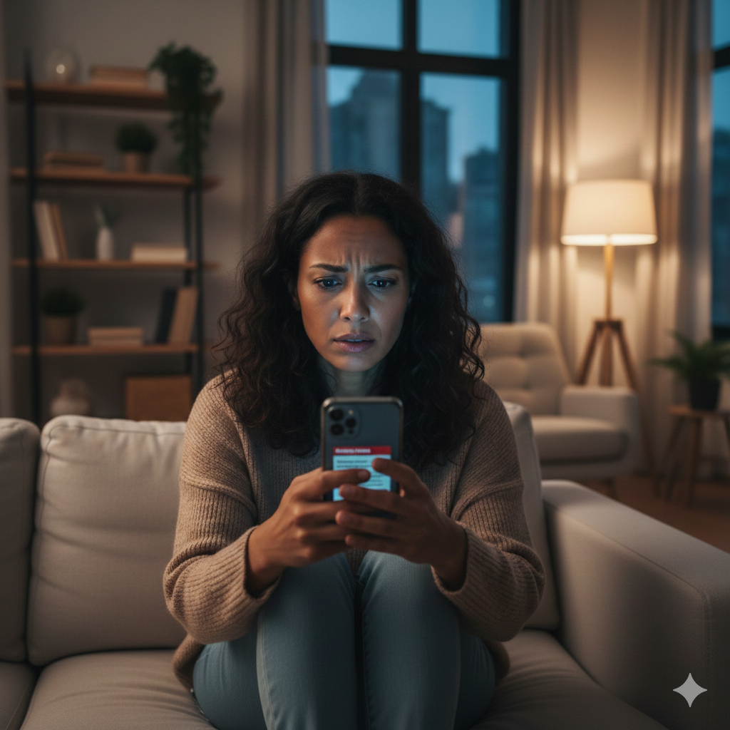 OEB Law - Can Private Text or Social Media Messages About Your Car Accident Be Used in Court?  A concerned young woman with a minor facial bruise sits in her Tennessee home, anxiously reviewing social media evidence on her phone after a car accident