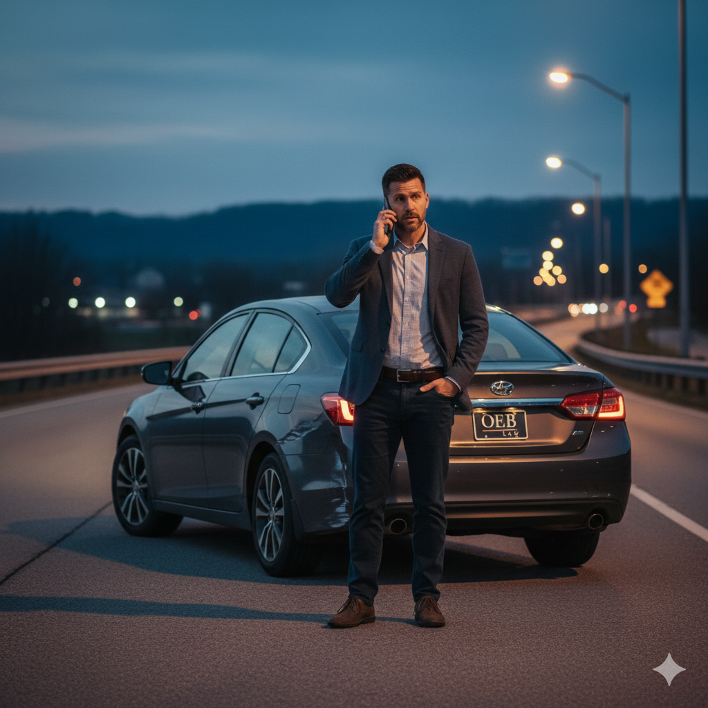 OEB Law: How Does Comprehensive Coverage Apply to Hit and Run Accidents?
Concerned driver on the phone beside his damaged car after a hit-and-run accident in Knoxville, seeking help with his insurance claim.