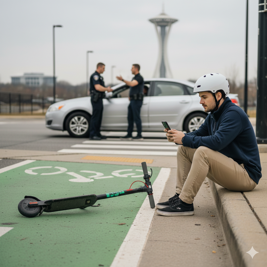 OEB Law: Can E-Bikes and E-Scooters Ride in Bike Lanes in Knoxville TN?
Rider sits on a curb next to a fallen e-scooter after an accident in Knoxville, seeking legal help for their injury claim.