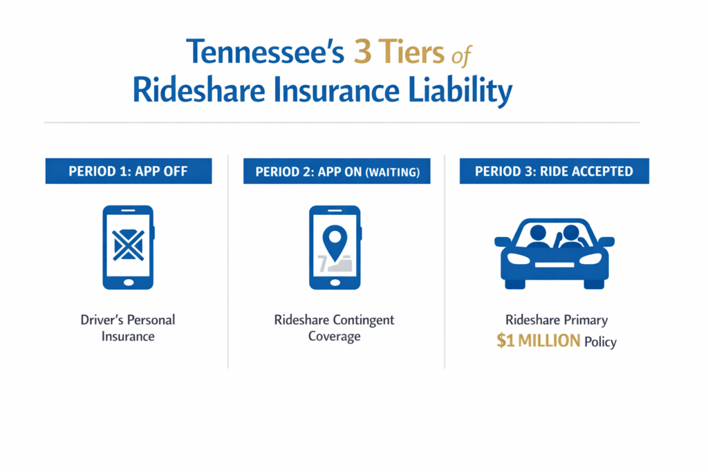OEB Law: Who is Liable in an Uber or Lyft Accident in Tennessee?
Infographic explaining the three tiers of Tennessee rideshare insurance liability for Uber and Lyft accidents, from personal to $1 million coverage.