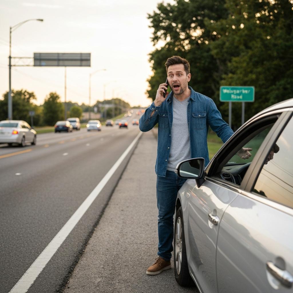 What Do You Do After Being in an Accident on Papermill Drive in Knoxville? Distressed driver makes a phone call after an accident on Papermill Drive in Knoxville, TN, with their damaged car visible on the shoulder.
