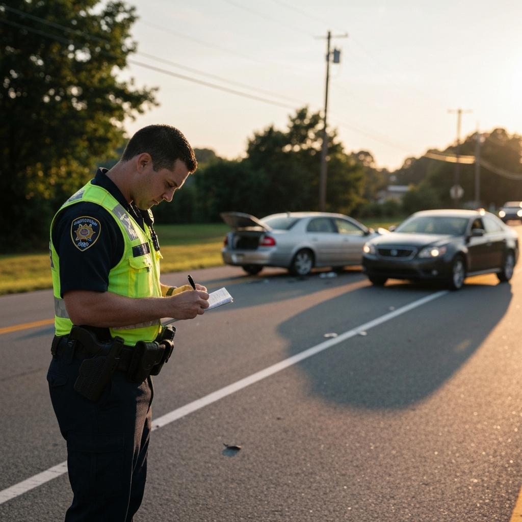 What Do You Do After Being in an Accident on Papermill Drive in Knoxville? Knoxville police officer taking notes at the scene of a car accident on Papermill Drive in Knoxville, TN, with damaged cars in the background.