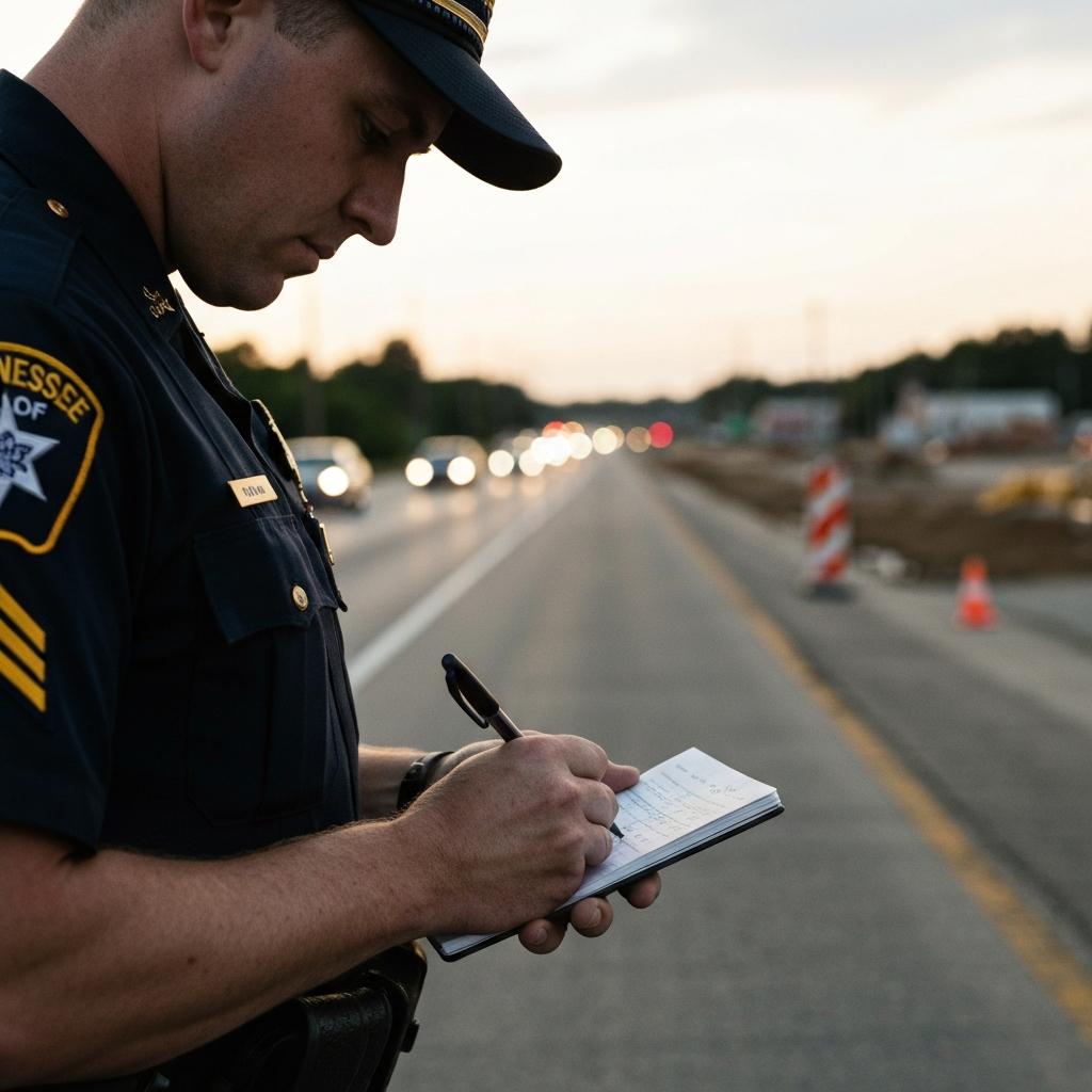 What Are the Steps to Protect Your Legal Rights if Injured on Alcoa Highway in Knoxville? Tennessee Highway Patrol officer documenting an Alcoa Highway accident scene during golden hour in Knoxville, a crucial step for a personal injury claim.