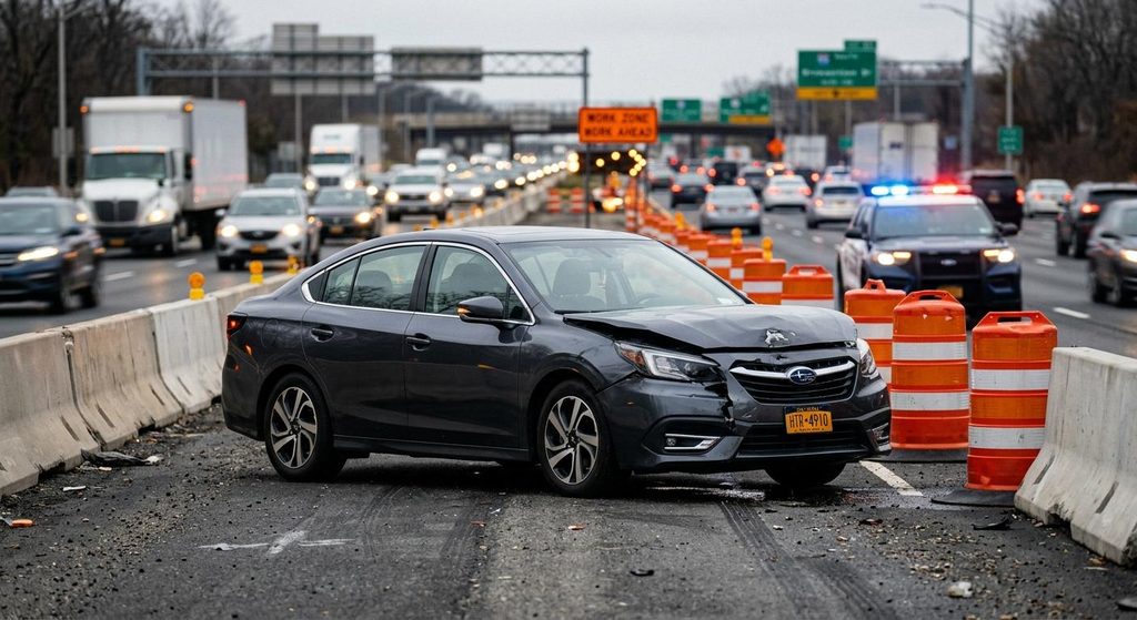 Knoxville Personal Injury Attorneys | OEB Law: Severely damaged sedan pulled onto the shoulder of Alcoa Highway US-129 in Knoxville near construction barrels after a serious collision.