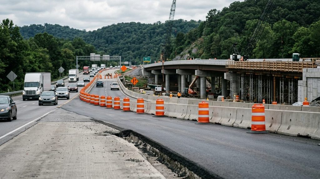 Knoxville Personal Injury Attorneys | OEB Law: An active highway construction work zone on Alcoa Highway US-129 in Tennessee, with orange barrels, temporary concrete barriers and a narrowed lane shift.