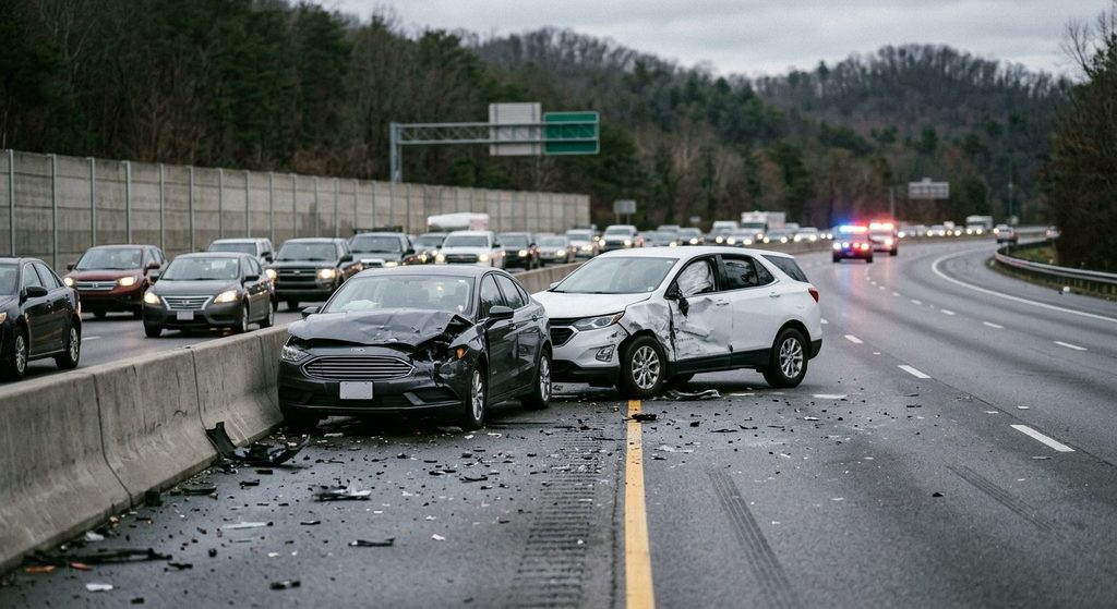 Knoxville Personal Injury Attorneys | OEB Law: Aftermath of a highway crash on Alcoa Highway US-129 near Knoxville, Tennessee, with damaged vehicles against a concrete median barrier and traffic backed up.