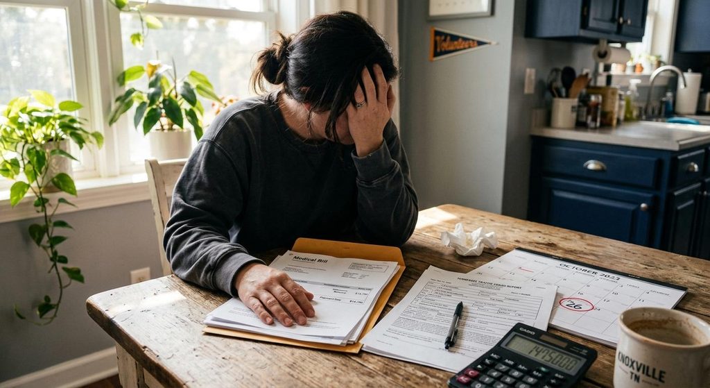 Knoxville Personal Injury Attorneys | OEB Law: Stressed victim reviewing Alcoa Hwy US-129 car accident medical bills and crash report at home in Knoxville TN before the deadline.