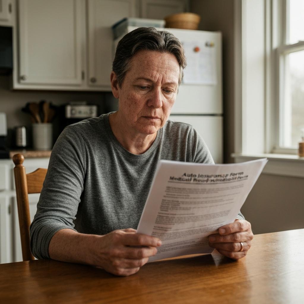 OEB Law - Concerned person at a kitchen table in Knoxville, TN carefully reviewing an auto insurance medical records release form before signing.