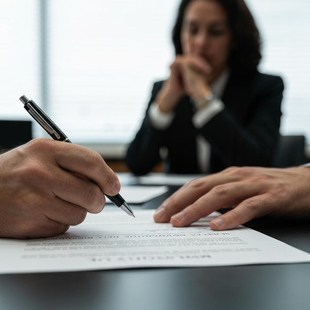 OEB Law - Tense person's hands hesitating with a pen over an auto insurance medical records release form in a professional Knoxville, TN law office.