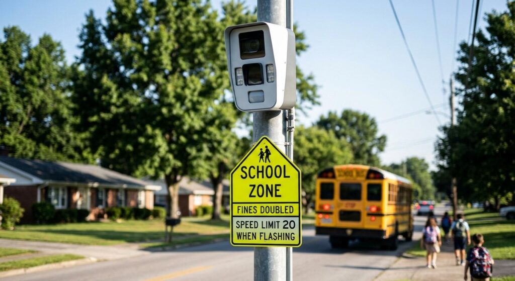 Modern automated traffic enforcement camera monitoring an active school zone crossing in Knoxville, Tennessee during morning drop-off.