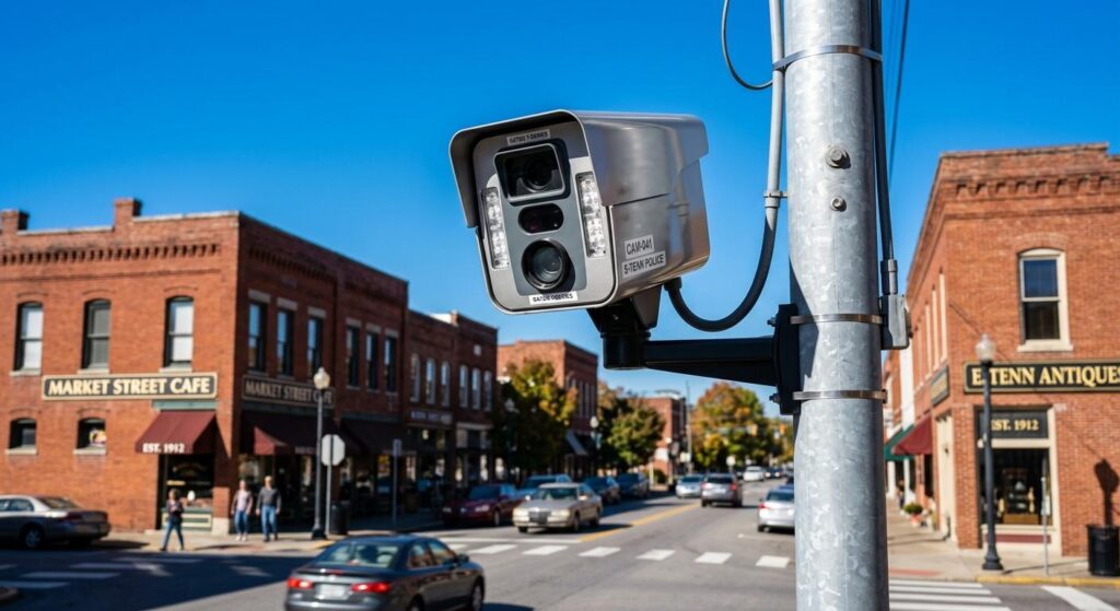 Modern automated speed enforcement camera monitoring traffic to prevent distracted driving in a busy Knoxville Tennessee school zone.