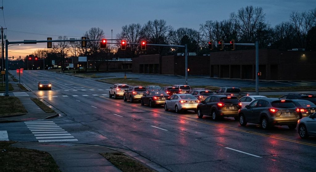 Knoxville Personal Injury Attorneys | OEB Law: Congested traffic queued at a signalized intersection on a four-lane commercial arterial in Fountain City at dusk, with a left-turn lane and glowing brake lights