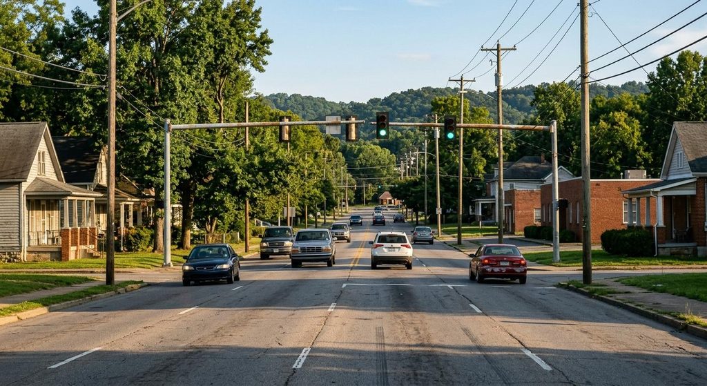 Knoxville Personal Injury Attorneys | OEB Law: Four-lane urban arterial road running through an older North Knoxville neighborhood in late afternoon light, with traffic signals and moderate traffic in both directions