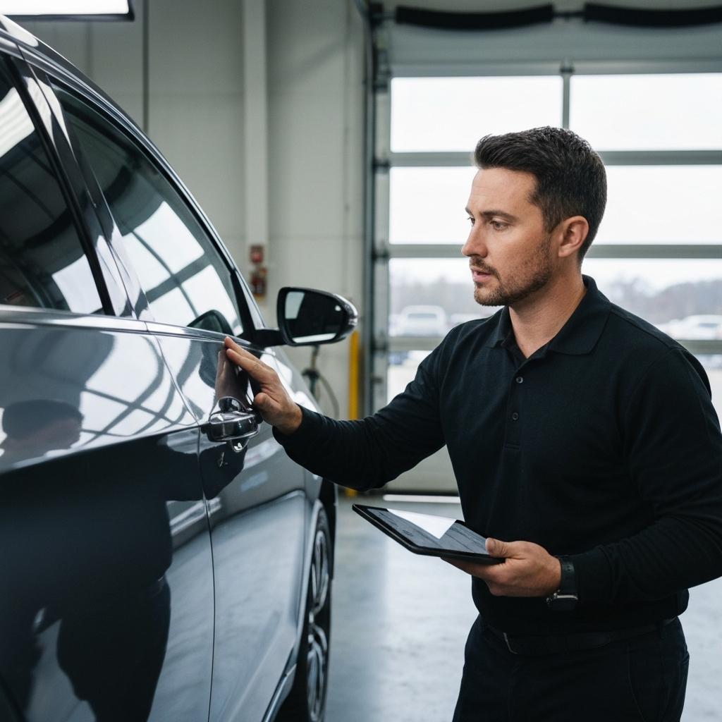 How Do You Calculate Car Value after an Accident? Professional appraiser carefully inspects a repaired sedan to calculate diminished car value after an accident in a Knoxville, Tennessee body shop.