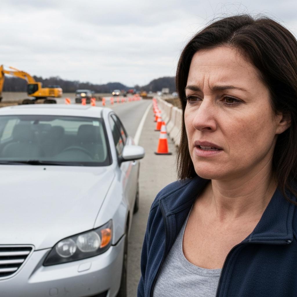 Overwhelmed woman stands beside her damaged sedan after a car accident in a chaotic Alcoa Highway construction zone in Knoxville, Tennessee. Who is Liable for a Car Accident in an Alcoa Highway Construction Zone?
