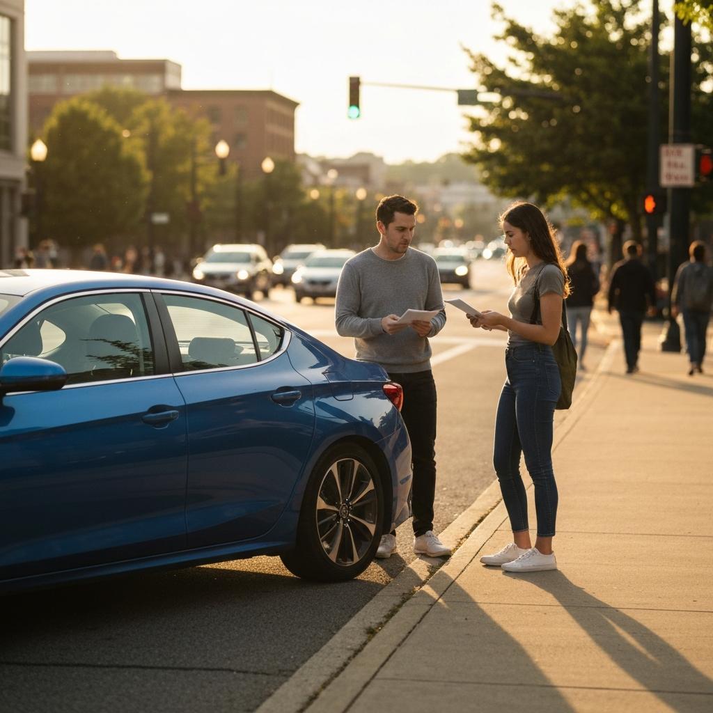 Photorealistic image of the aftermath of a rear-end car accident on Cumberland Avenue in Knoxville, with two drivers standing on the roadside.
