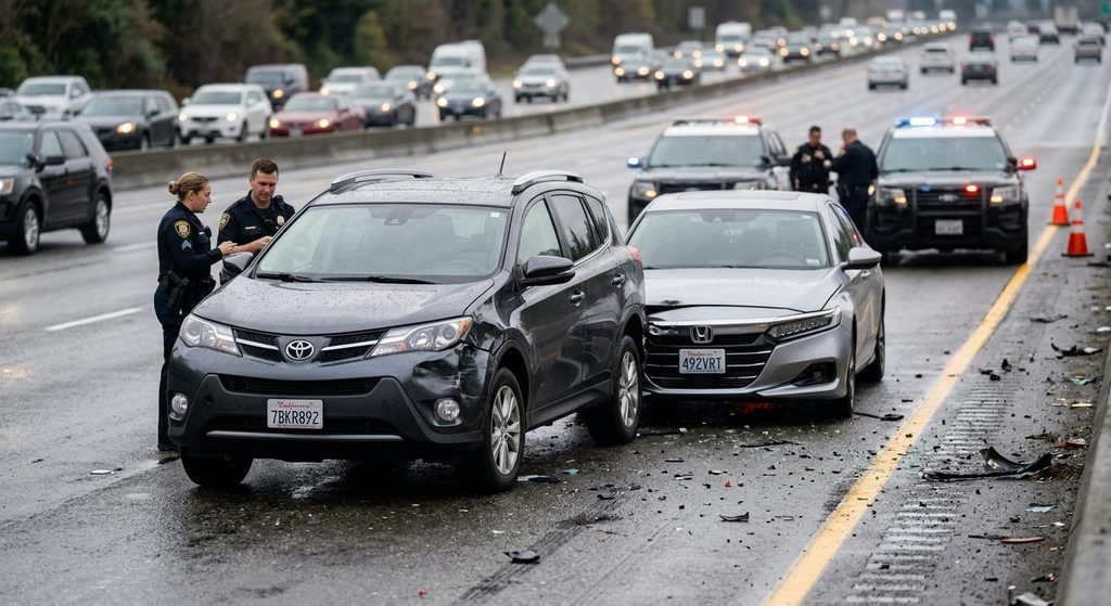 Severe car accident aftermath on Chapman Highway US-441 featuring damaged vehicles and blurred emergency lights in Knoxville Tennessee.
