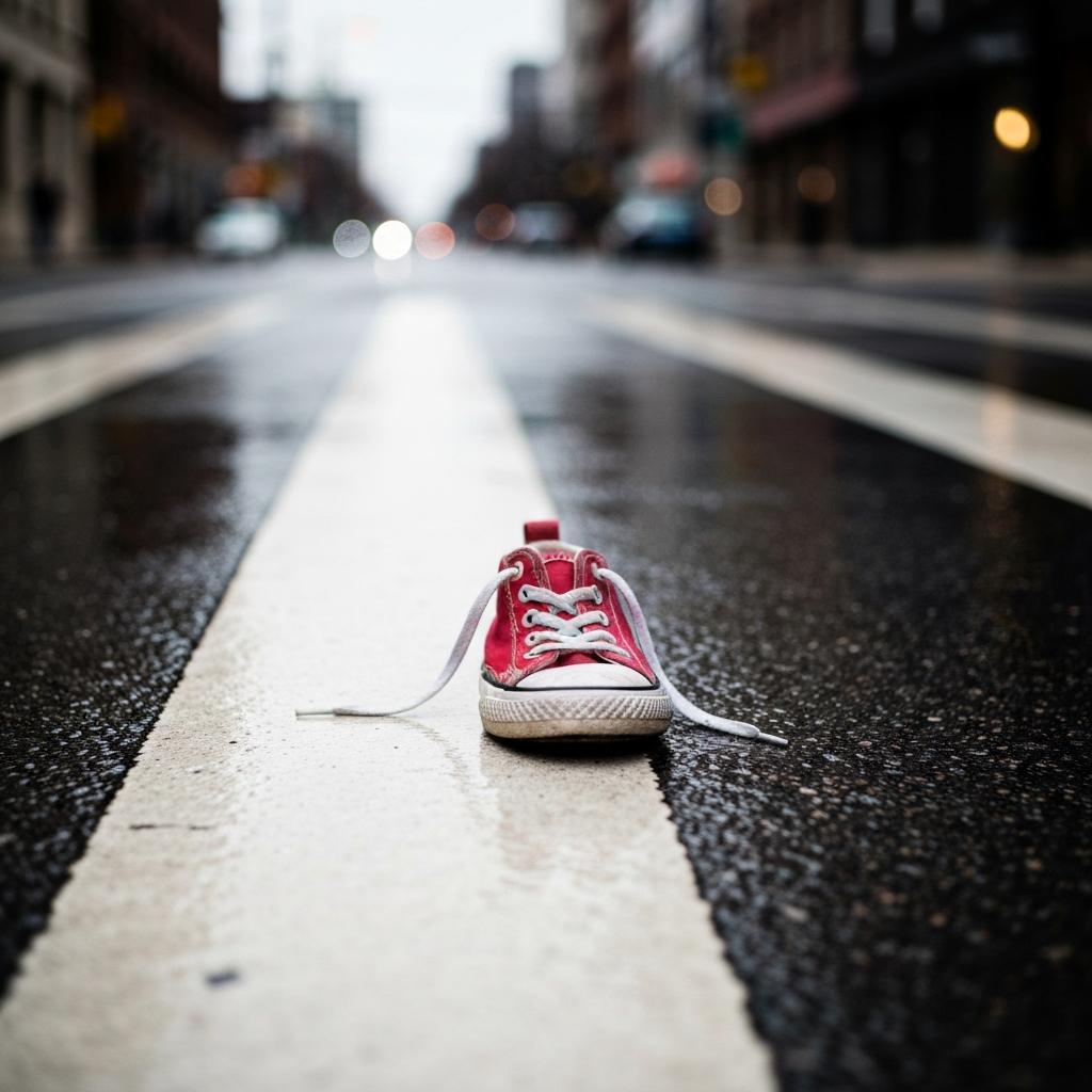 How Are Children Pedestrian Accident Cases Handled Differently in Tennessee? A single child's red sneaker lies abandoned on a wet crosswalk, symbolizing the vulnerability in children's pedestrian accident cases in Knoxville.