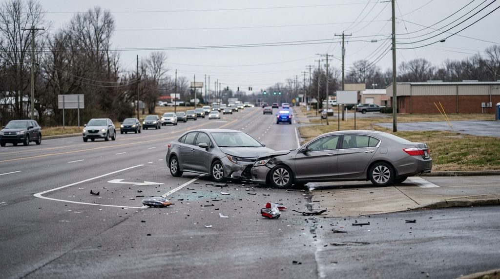 Knoxville Personal Injury Attorneys | OEB Law: Aftermath of a car accident on a five-lane commercial highway on Clinton Highway in North Knoxville, Tennessee, with damaged vehicles near a business driveway.