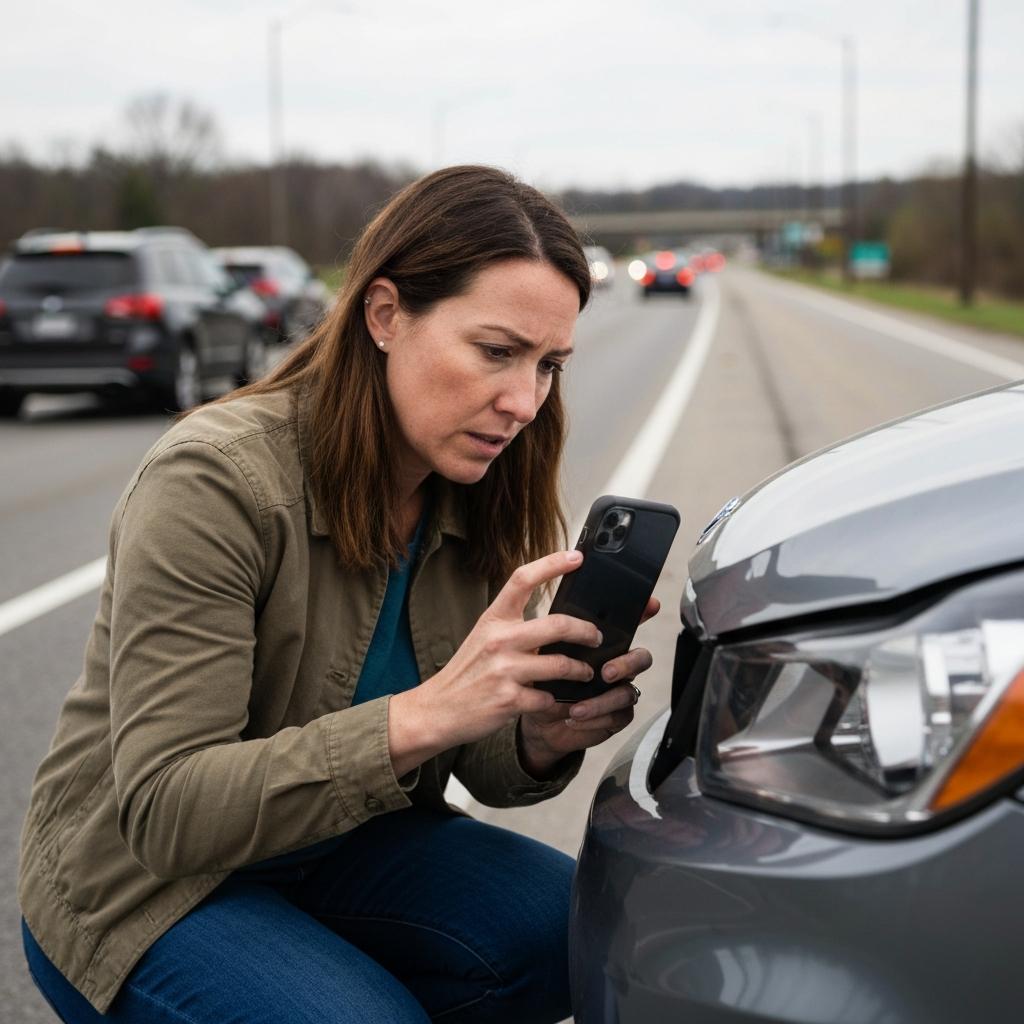 Concerned driver uses her smartphone to photograph car damage after a minor collision on the busy Kingston Pike in Knoxville, TN for her insurance claim.