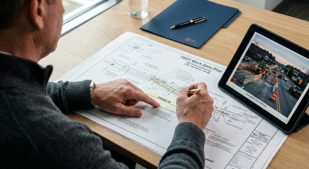 Analytical legal professional reviewing I-40 construction accident liability evidence and TDOT blueprints in Knoxville, Tennessee.