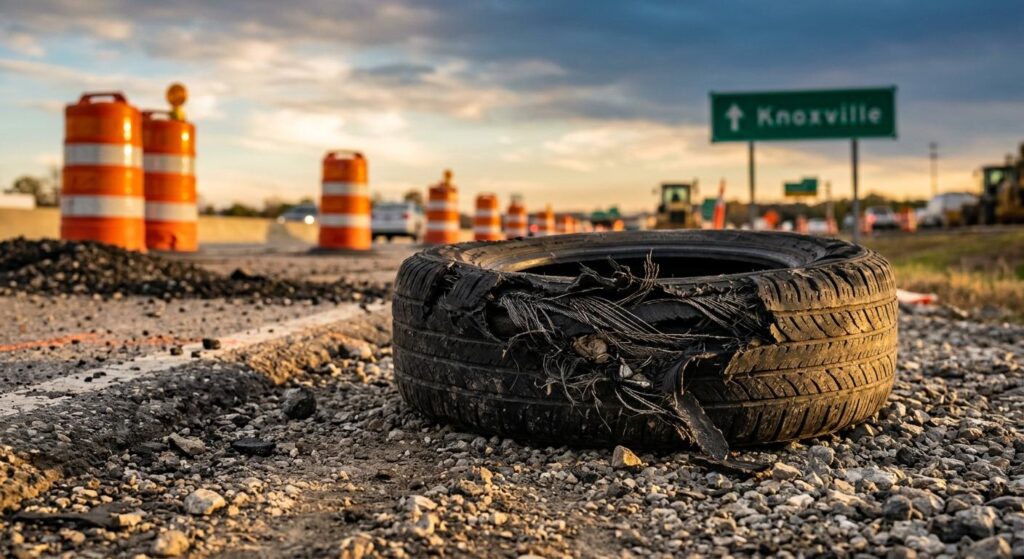 Dangerous shredded passenger car tire resulting from a blowout caused by construction debris on an interstate shoulder in Knoxville Tennessee.