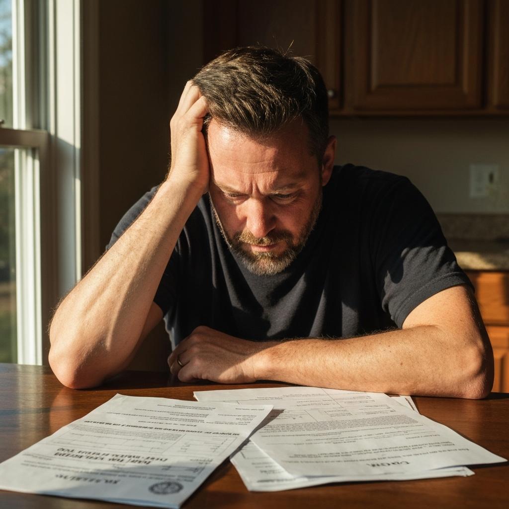 What Are the Court Costs for a DUI Conviction in Knoxville? Stressed middle-aged man overwhelmed by the high court costs for a DUI conviction in Knoxville while sitting at his kitchen table with legal bills.
