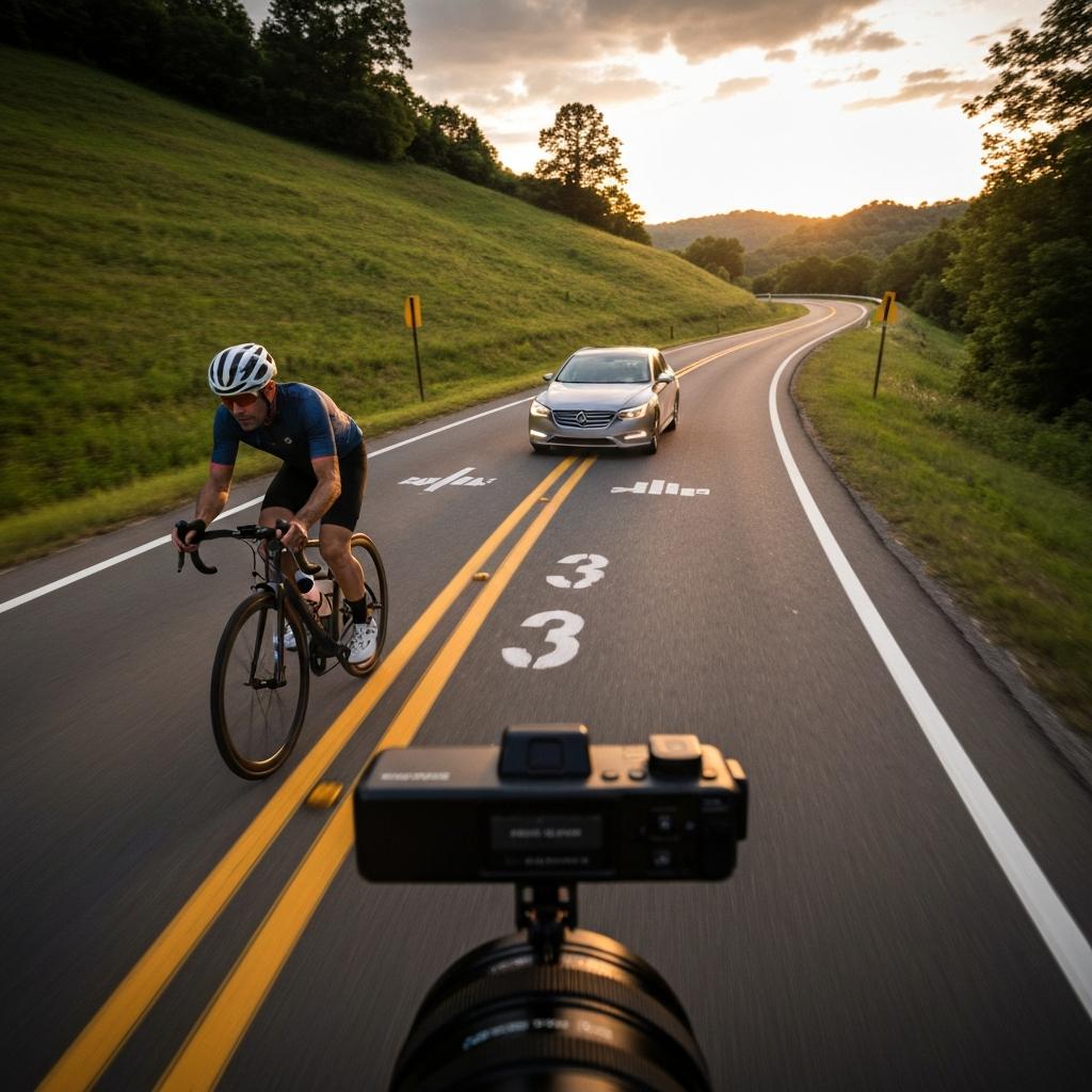 OEB Law:  What Are Cyclists' Rights on Tennessee Roads?  A cautious motorist gives a cyclist wearing a helmet ample space while passing on a two-lane road, illustrating cyclists' rights in Tennessee.