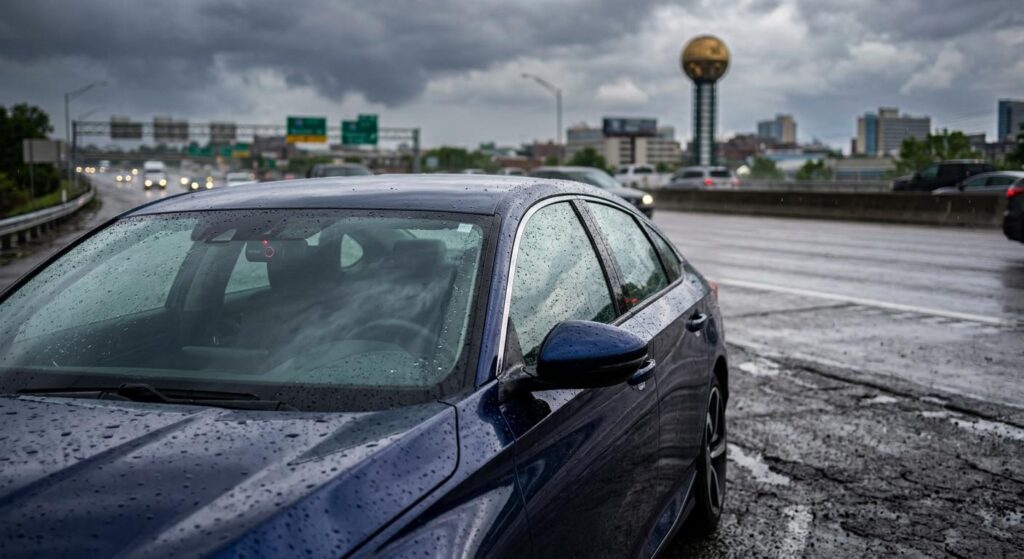 High-resolution view of a dash cam recording accident evidence from a parked vehicle on the I-75 interstate shoulder in Knoxville TN.