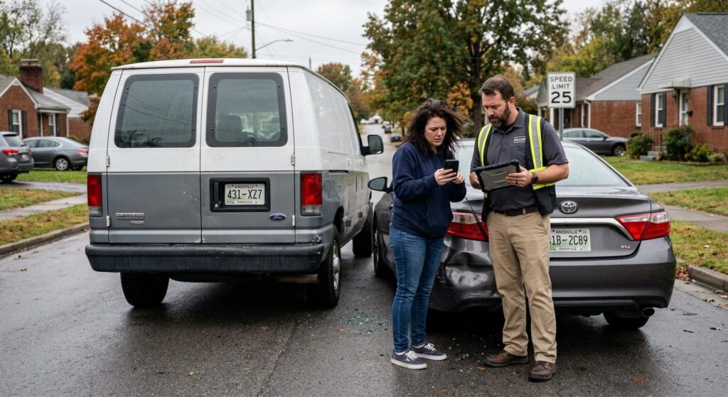 Stressed delivery van driver and car owner examining bumper damage after a traffic accident on a busy suburban street in Knoxville TN. What Happens When a Delivery Driver Causes an Accident in Knoxville?