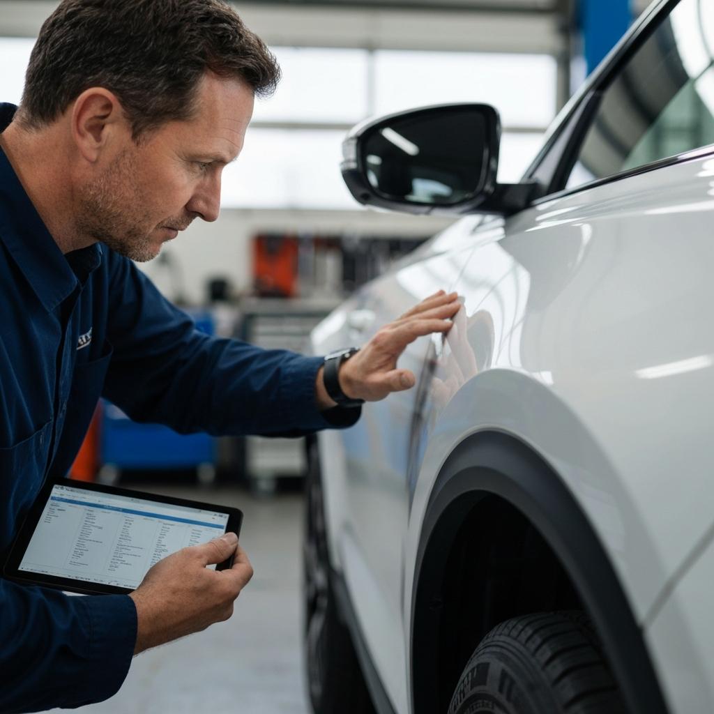 OEB Law - What Is the Timeline for a Diminished Value Claim in Tennessee? Diligent auto appraiser carefully inspects a repaired white SUV with a tablet for a diminished value claim in a professional Knoxville auto shop.