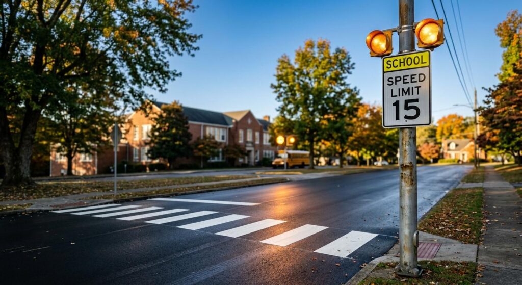 Active 15 MPH school zone warning sign with flashing amber lights over a crosswalk in Knoxville, TN, highlighting distracted driving laws.