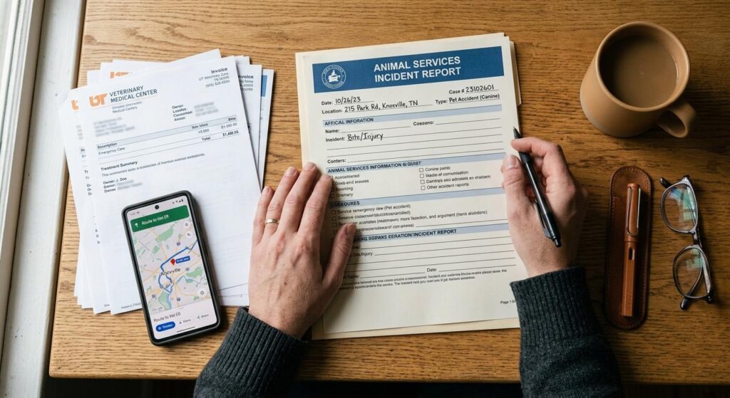 Organized person reviewing a Knox County dog bite incident report and medical documents on a warm oak table in Knoxville, Tennessee.