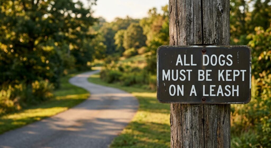 Close-up of a leash law sign on a greenway trail illustrating what happens when a dog bite incident occurs on Knox County property.