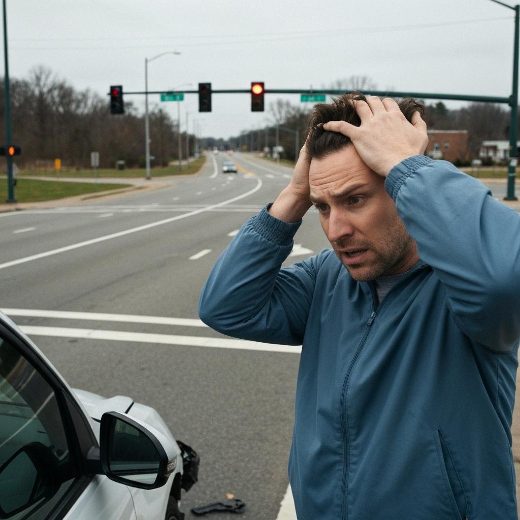 Overwhelmed driver stands by a damaged car after a collision at one of Edgemoor Road's dangerous intersections in Oak Ridge, Tennessee.