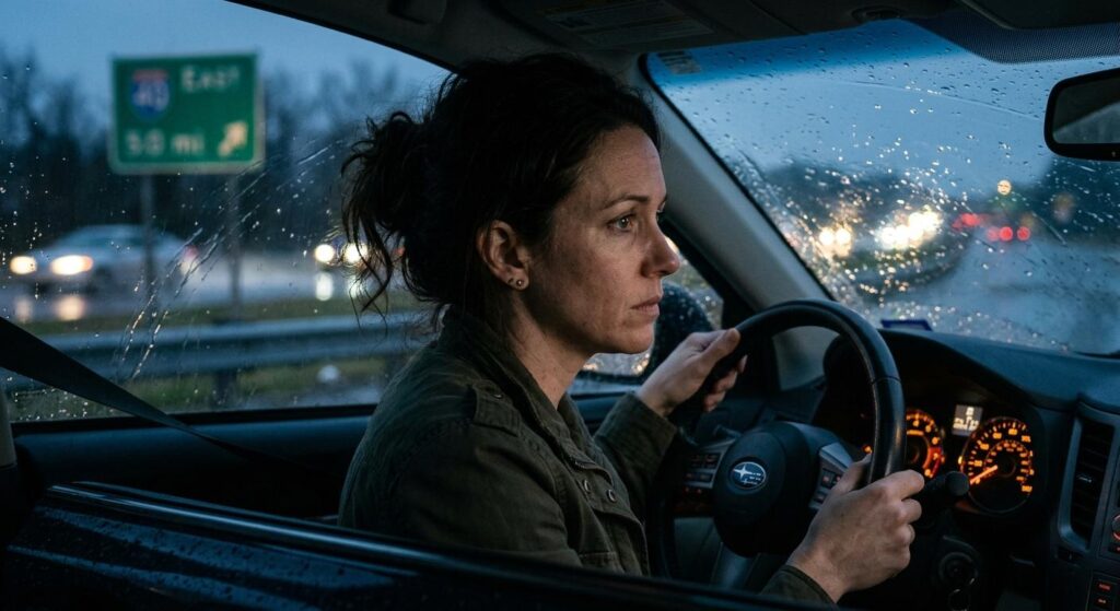 Anxious woman gripping steering wheel experiencing emotional distress after a car accident in Knoxville, TN. Coping with driving trauma.