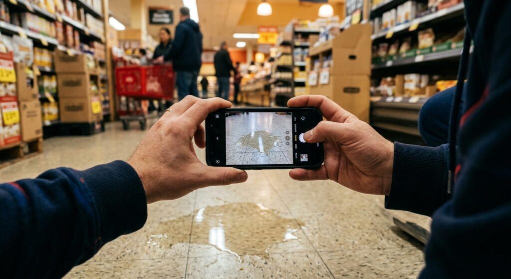 Close-up of hands photographing evidence to prove a grocery store knew about a spill before a fall in a Knoxville Tennessee aisle.