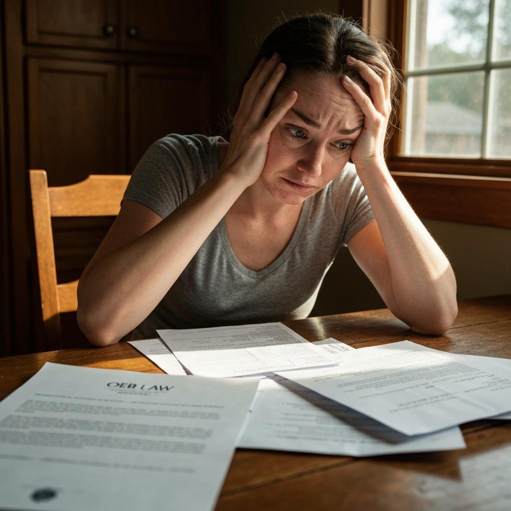Stressed surviving family member sits at a kitchen table covered in fatal accident medical bills after a wrongful death claim in Knoxville, TN.