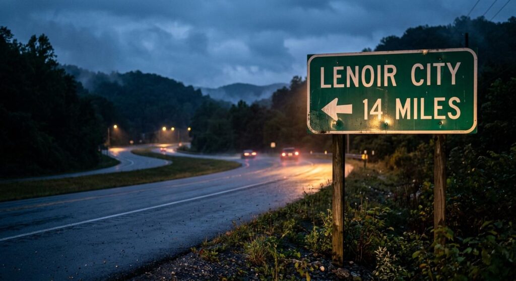 OEB Law -  Atmospheric dusk view of a wet highway intersection and Lenoir City road sign representing the site of a fatal car accident in Tennessee.
