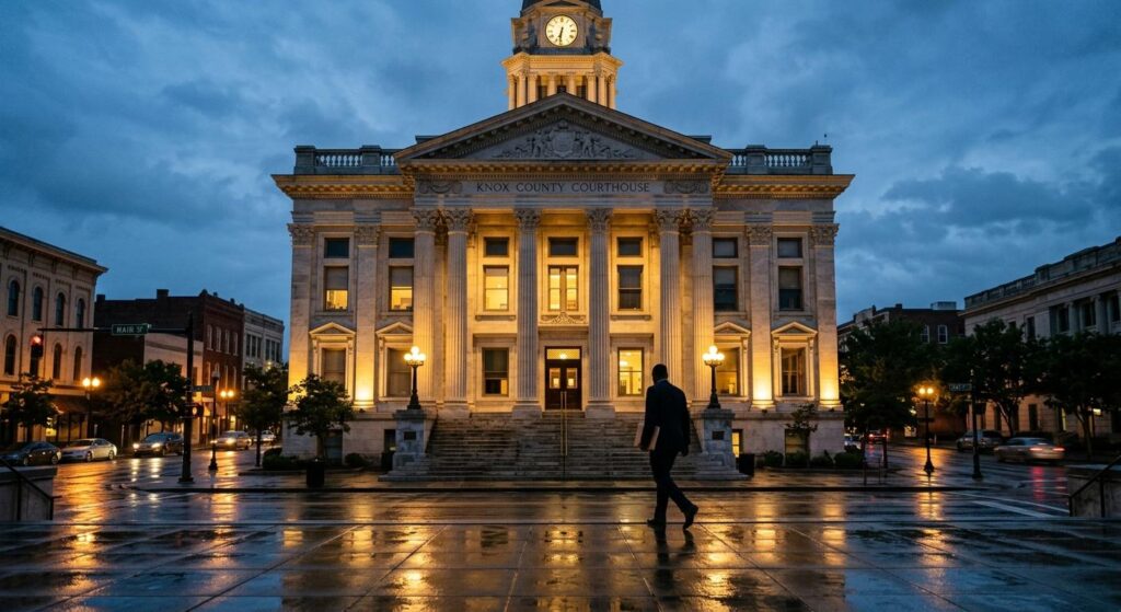 What Happens When a Car Accident Victim Dies Mid-Lawsuit in Knox County?  Dignified historic Knox County Courthouse at twilight representing legal guidance when a car accident victim dies mid-lawsuit in Knoxville.