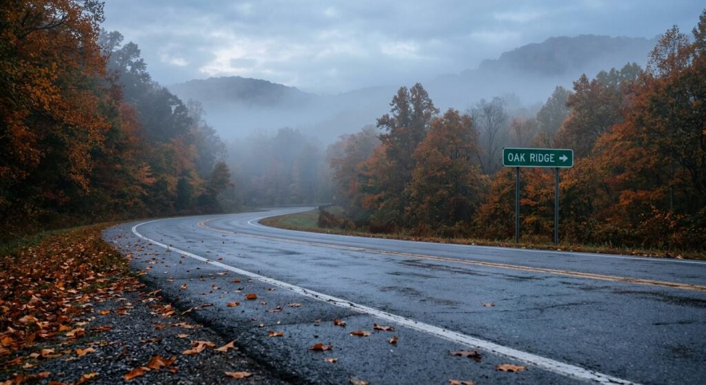 Atmospheric misty asphalt roadway reflecting the solemn nature of a fatal car accident wrongful death investigation in Oak Ridge Tennessee.