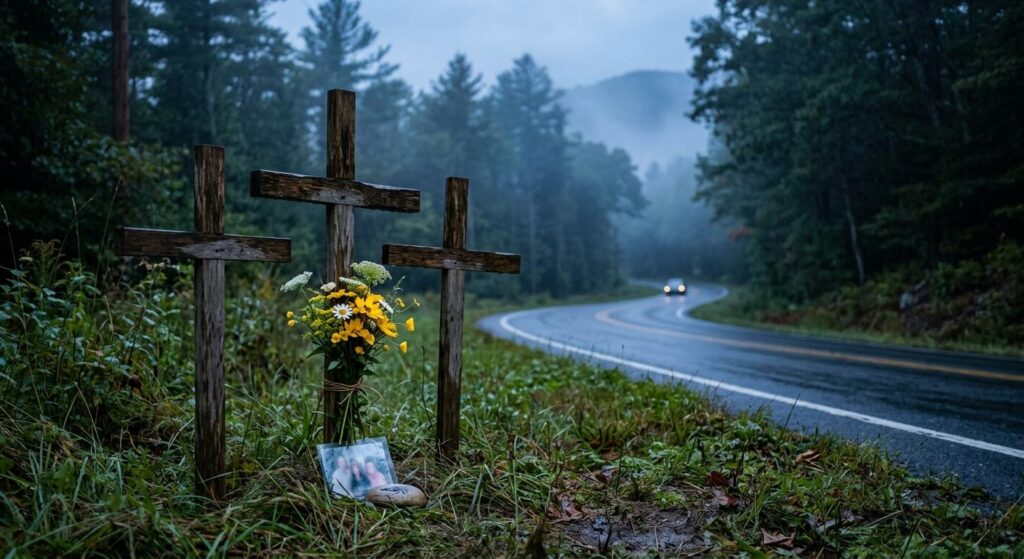 Briceville Highway Head-On Crash Kills Three: What Tennessee Families Need to Know About Wrongful Death. Solemn roadside memorial with three wooden crosses honoring victims of a fatal car accident wrongful death crash in rural Tennessee.