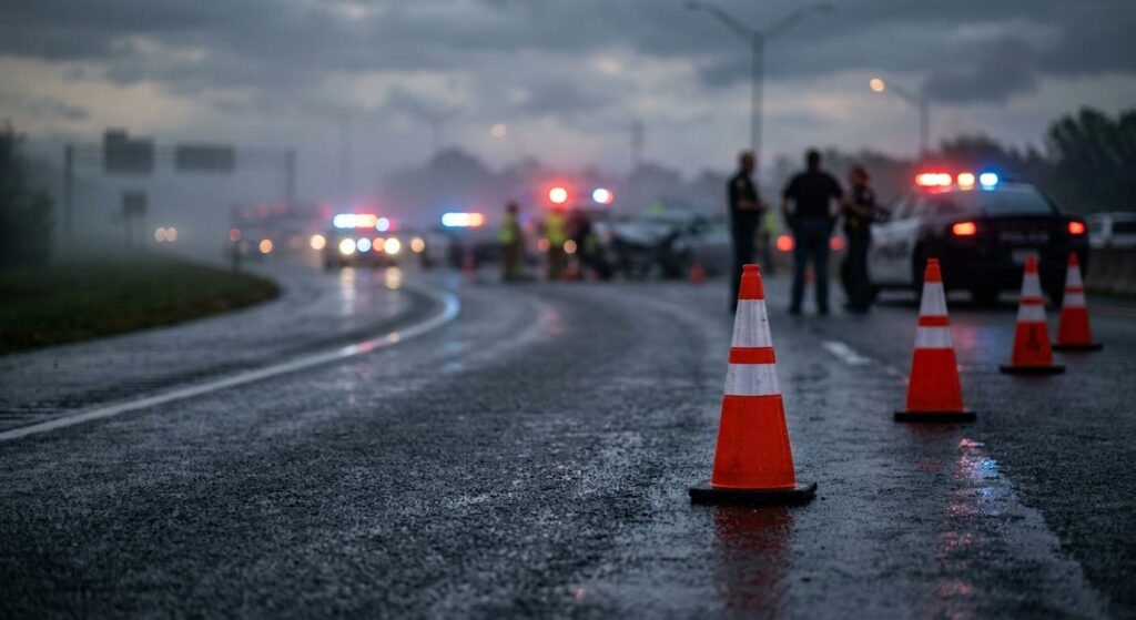 Serious fatal car crash wrongful death investigation scene with flashing police lights at dawn on a damp highway in Knoxville, TN.