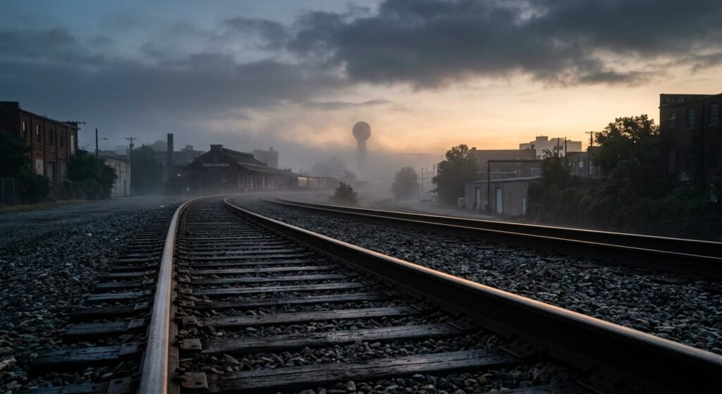 Somber empty railroad tracks at dawn near Blackstock Avenue representing a fatal train accident wrongful death case in Knoxville.