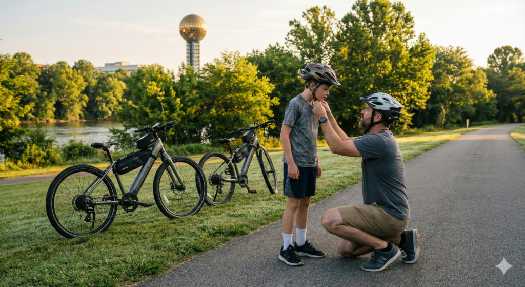 OEB Law:  Are There Age Restrictions for Riding Class 1 and 2 E-Bikes in Knoxville TN? A father kneels to adjust his son's bike helmet on a paved Knoxville greenway during a soft morning ride, with two e-bikes parked beside them.