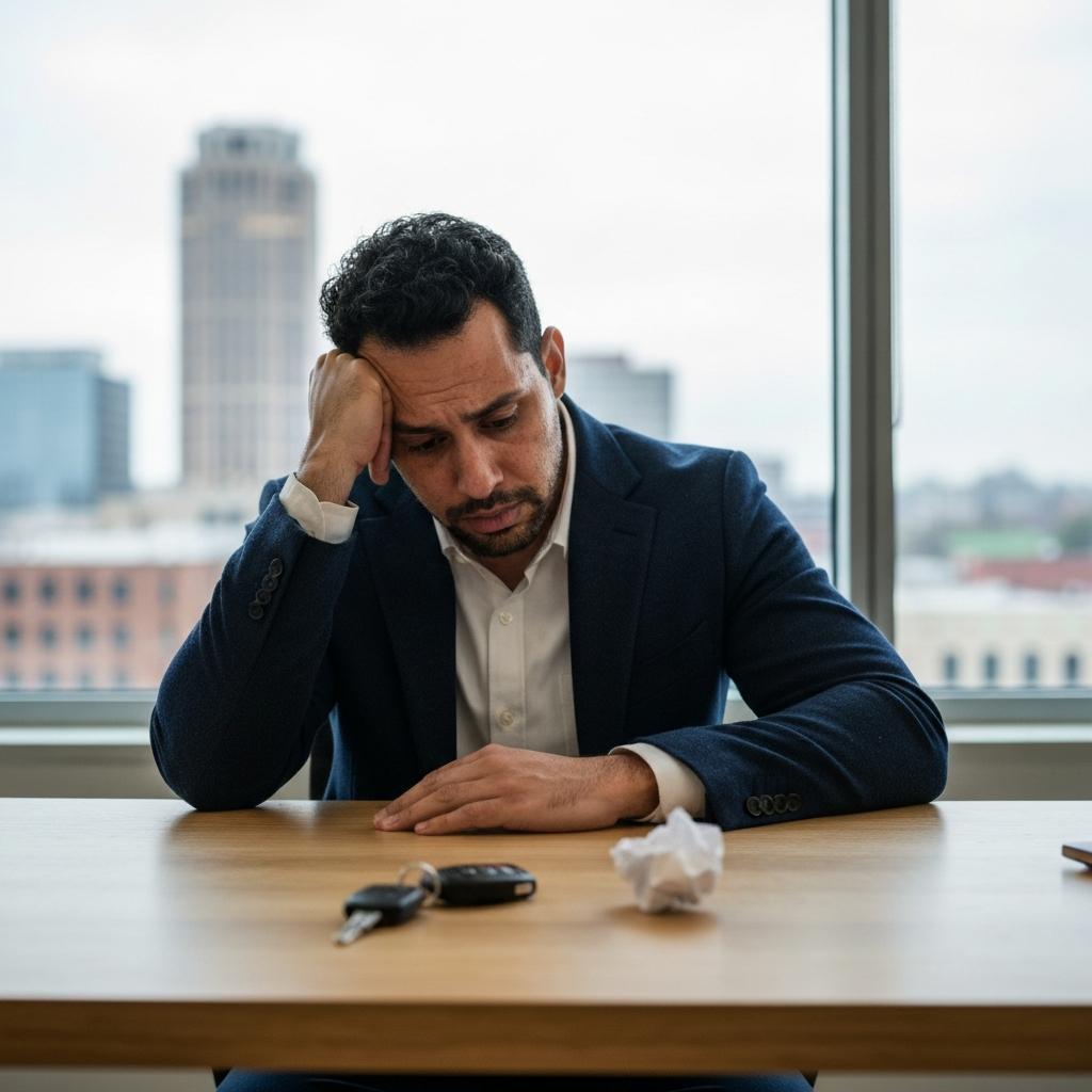 Will You Go to Jail for a First DUI in Knoxville? A concerned man in his 30s sits at a desk considering the mandatory jail time for a first DUI in Knoxville, with car keys in the foreground.