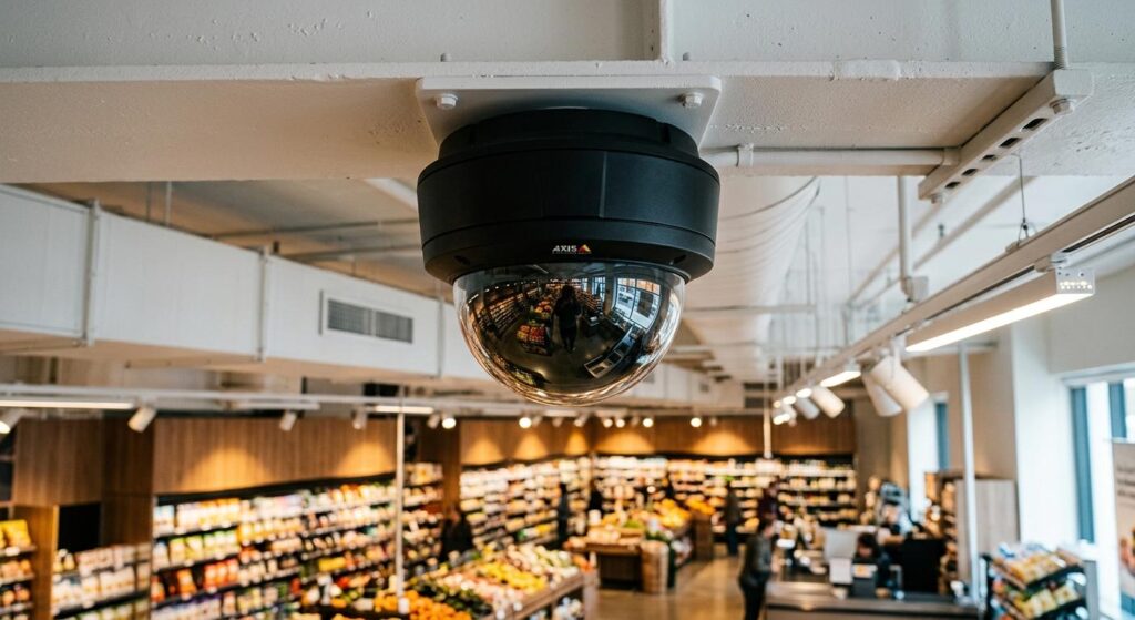 Black dome security camera monitoring grocery aisles, acting as the best evidence to prove a grocery store knew about a spill in Knoxville.