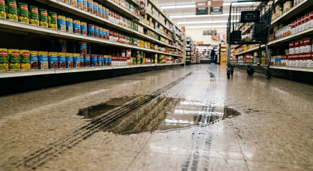 Detailed evidence of a spilled liquid on a grocery aisle floor proving a grocery store knew about a spill before a fall in Knoxville.