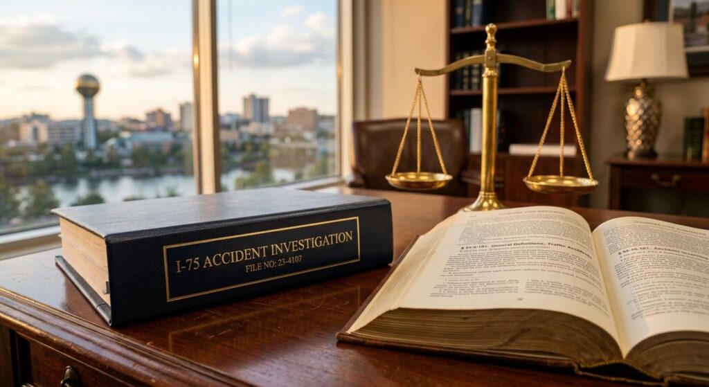 Professional highway accident legal rights case file and Tennessee Code book resting on a polished mahogany desk in Knoxville TN.